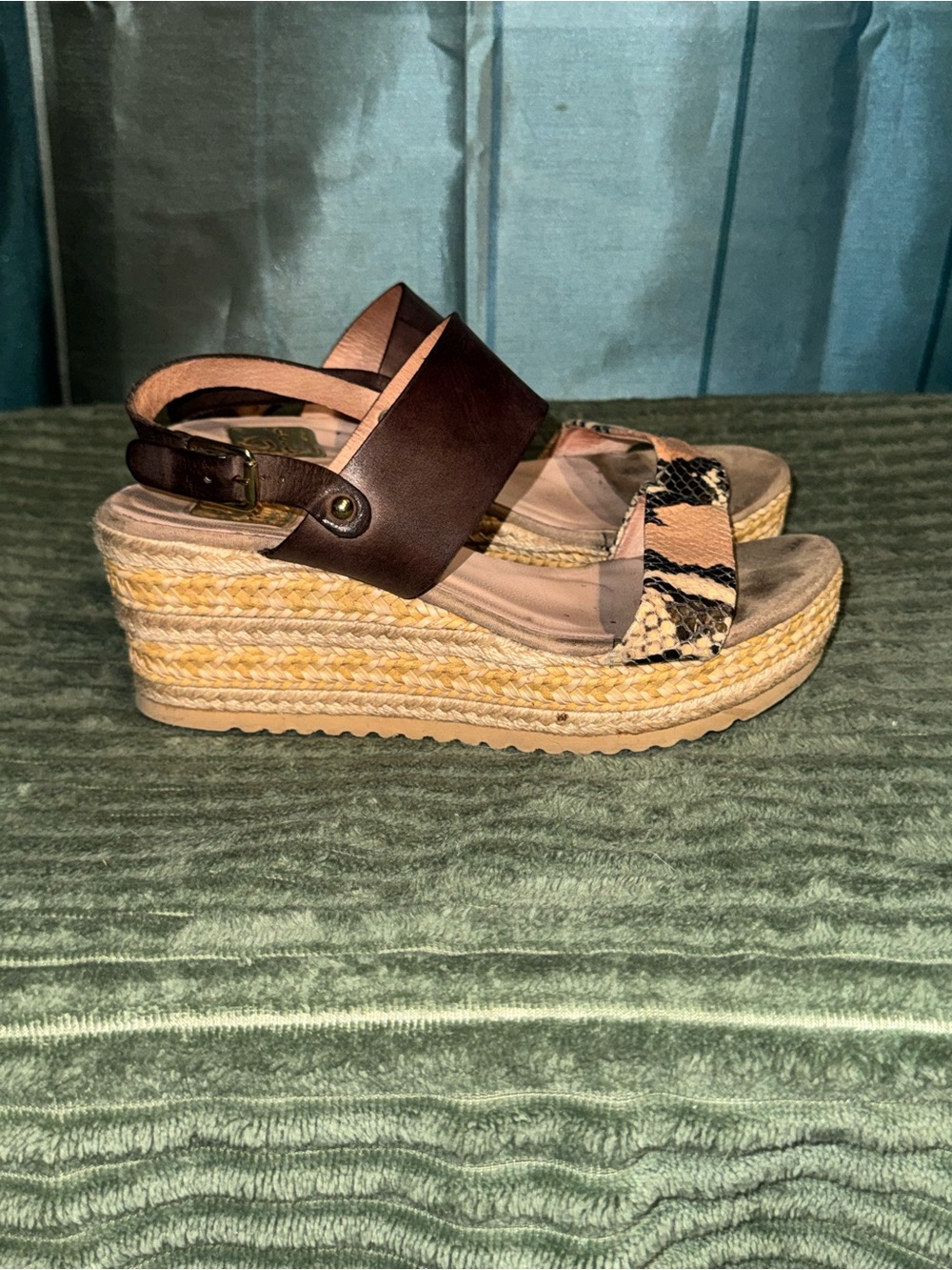 kanna Brown Leather Espadrille Wedges with Snake-Print Toe Strap